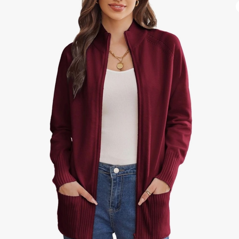 GRACE KARIN Womens Long Sleeve Zip Up Knit Cardigan with Pockets Stand Collar 75